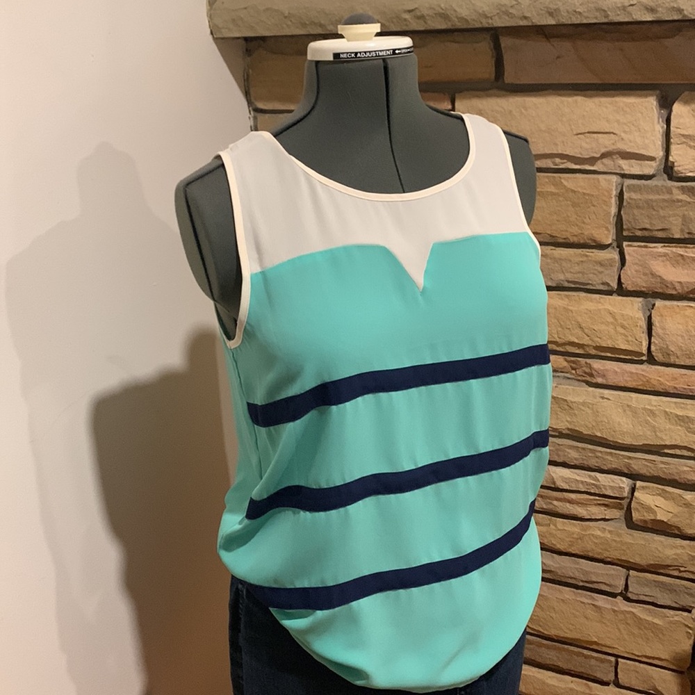 THML sheer tank top with navy and teal stripes size medium